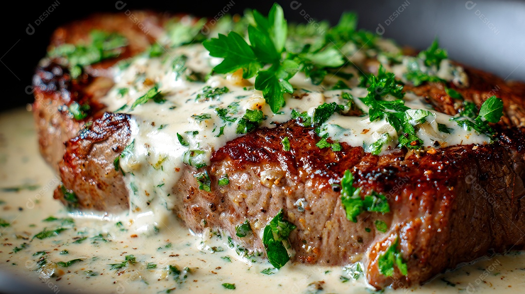 A imagem mostra um bife com molho cremoso de alho e salsinha..