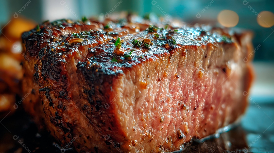 A imagem mostra um corte de carne bovina, especificamente um filé mignon grelhado ou selado.