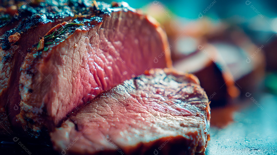 A imagem mostra um corte de carne bovina, especificamente um filé mignon grelhado ou selado.