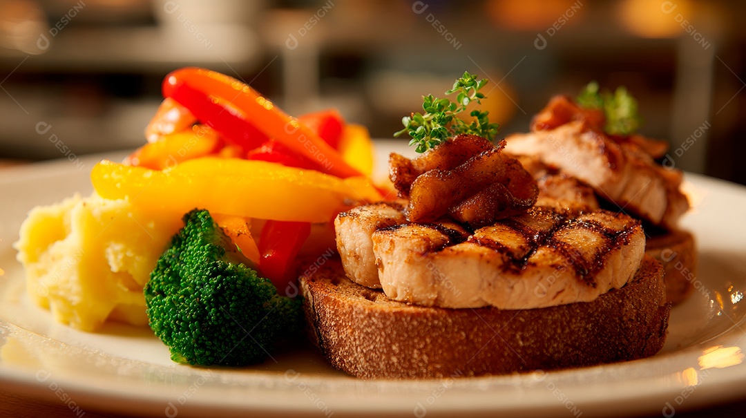 A imagem mostra uma torrada ou fatia de pão com diversos ingredientes.