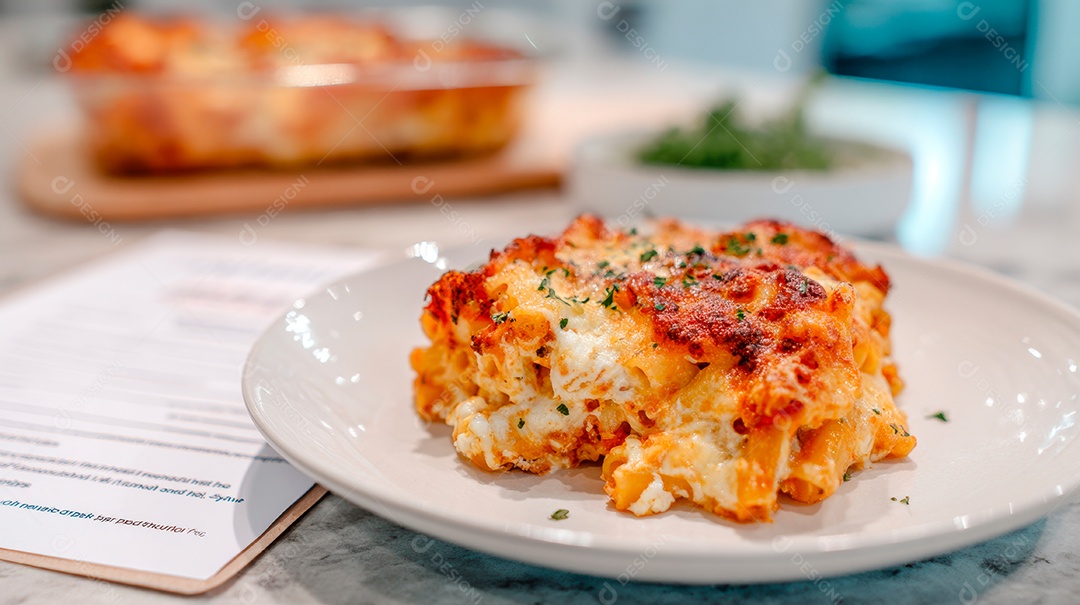 A imagem mostra um prato de Ziti Assado (Ziti al Forno), uma massa gratinada de origem italiana.