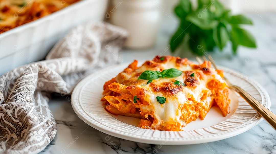A imagem mostra um prato de Ziti Assado (Ziti al Forno), uma massa gratinada de origem italiana.