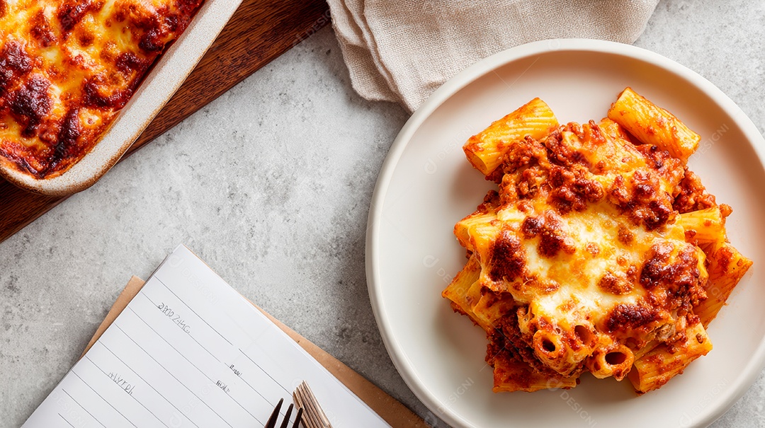 A imagem mostra um prato de Ziti Assado (Ziti al Forno), uma massa gratinada de origem italiana.