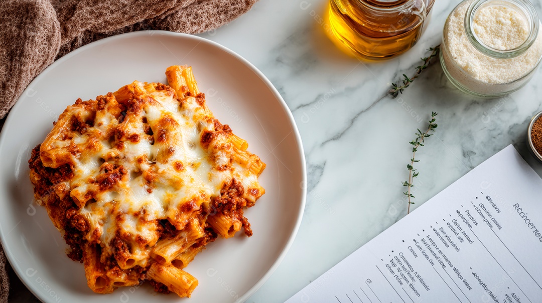 A imagem mostra um prato de Ziti Assado (Ziti al Forno), uma massa gratinada de origem italiana.