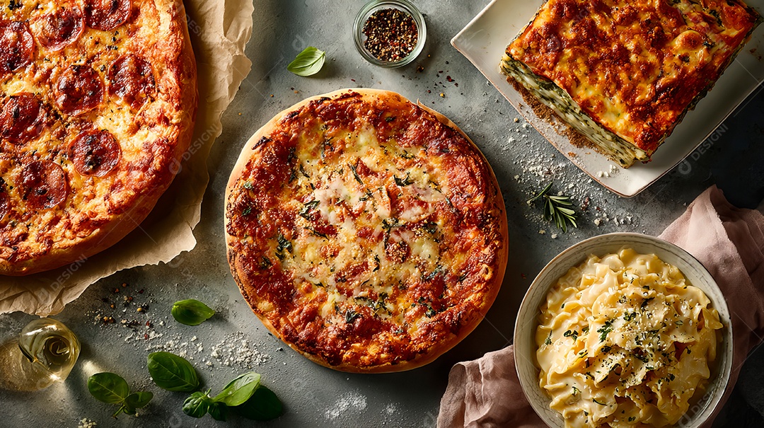 A imagem mostra uma variedade de pratos de comida italiana.
