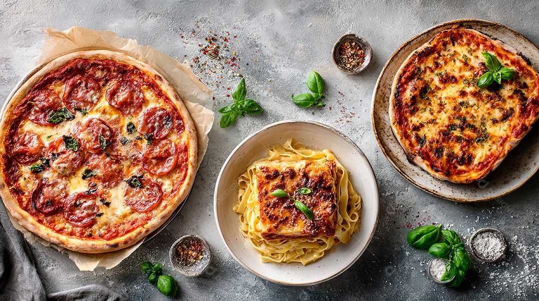 A imagem mostra uma variedade de pratos de comida italiana.