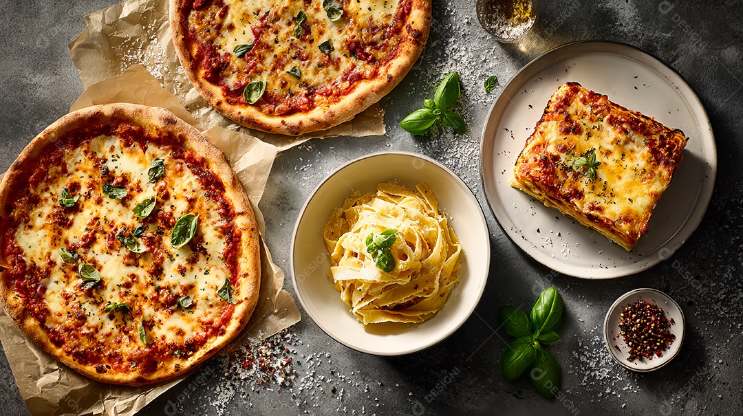 A imagem mostra uma variedade de pratos de comida italiana.