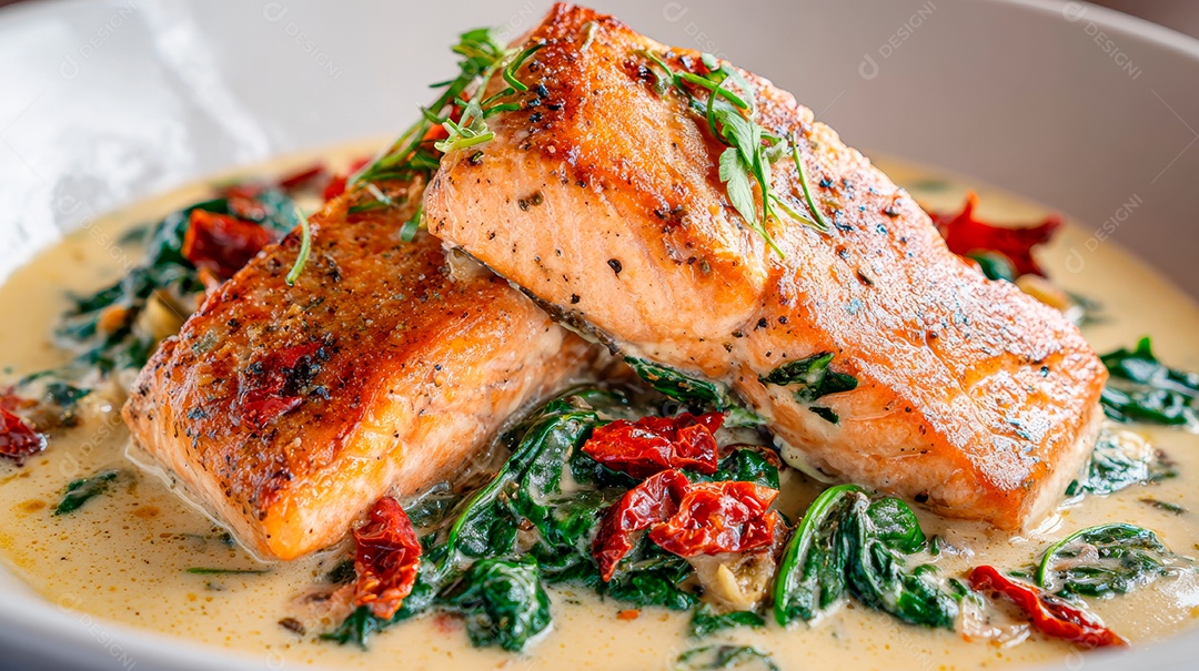 A imagem mostra um prato de salmão com molho cremoso e ervas.