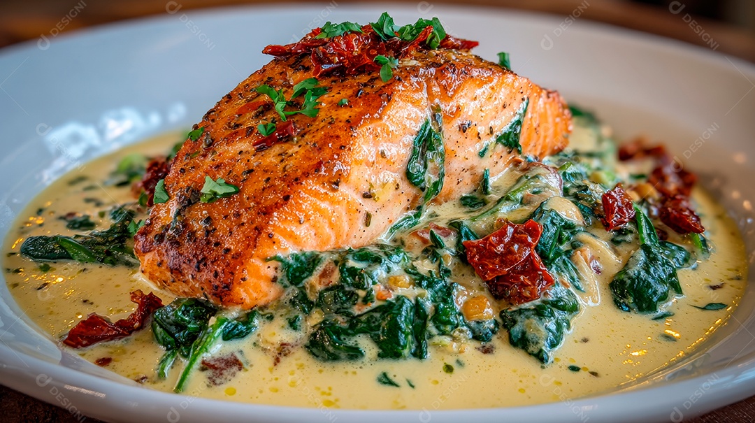 A imagem mostra um prato de salmão com molho cremoso e ervas.