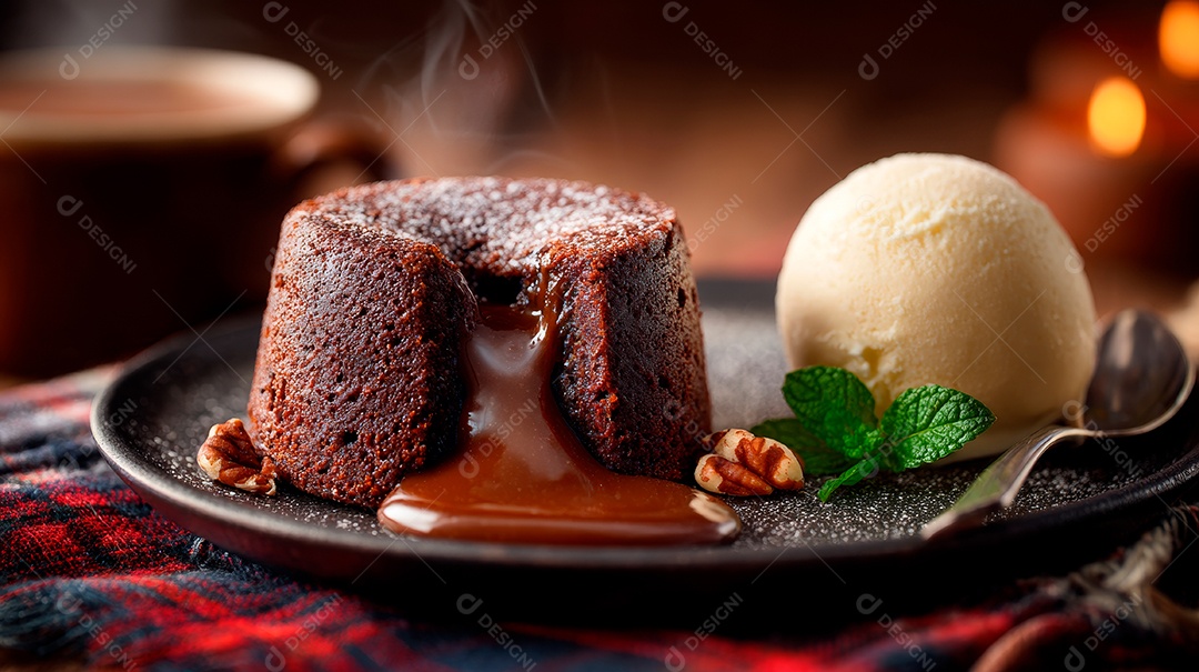A imagem mostra um Petit Gâteau, um bolo de chocolate com o centro cremoso e derretido..