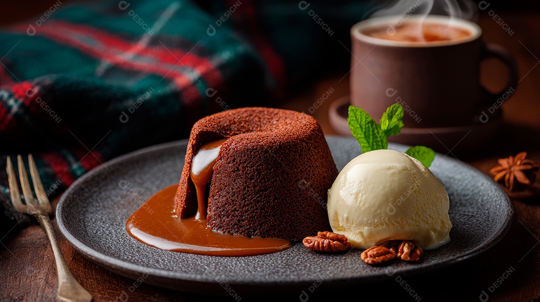 A imagem mostra um Petit Gâteau, um bolo de chocolate com o centro cremoso e derretido..