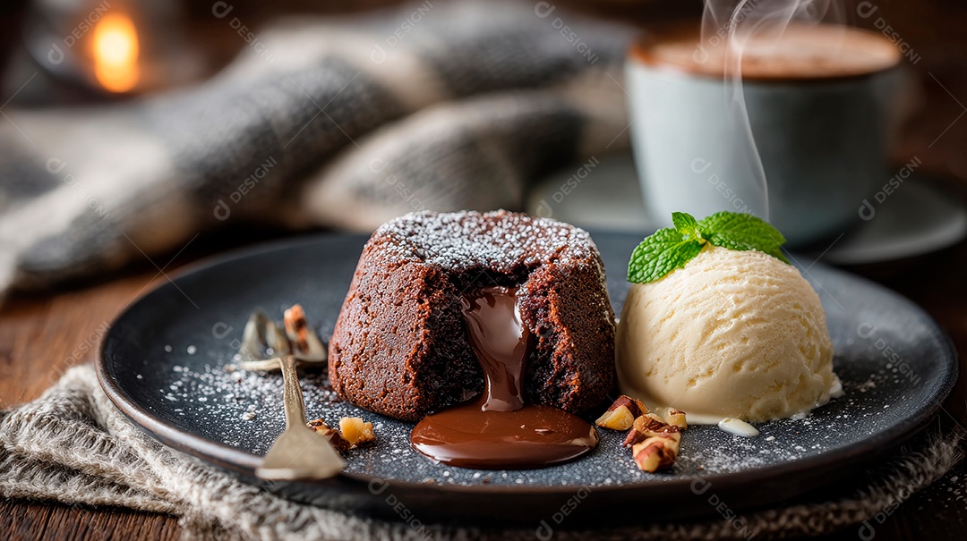 A imagem mostra um Petit Gâteau, um bolo de chocolate com o centro cremoso e derretido..