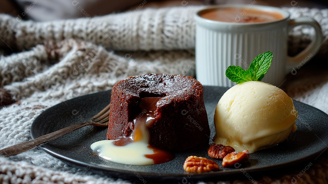 A imagem mostra um Petit Gâteau, um bolo de chocolate com o centro cremoso e derretido..