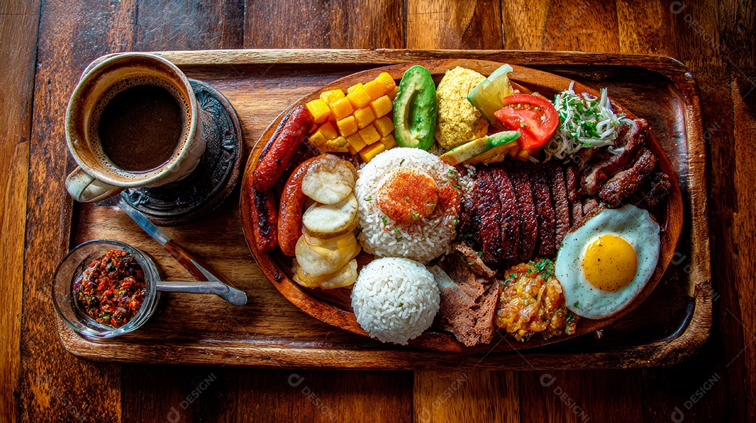 A imagem mostra uma Bandeja Paisa, um prato tradicional e emblemático da culinária colombiana.