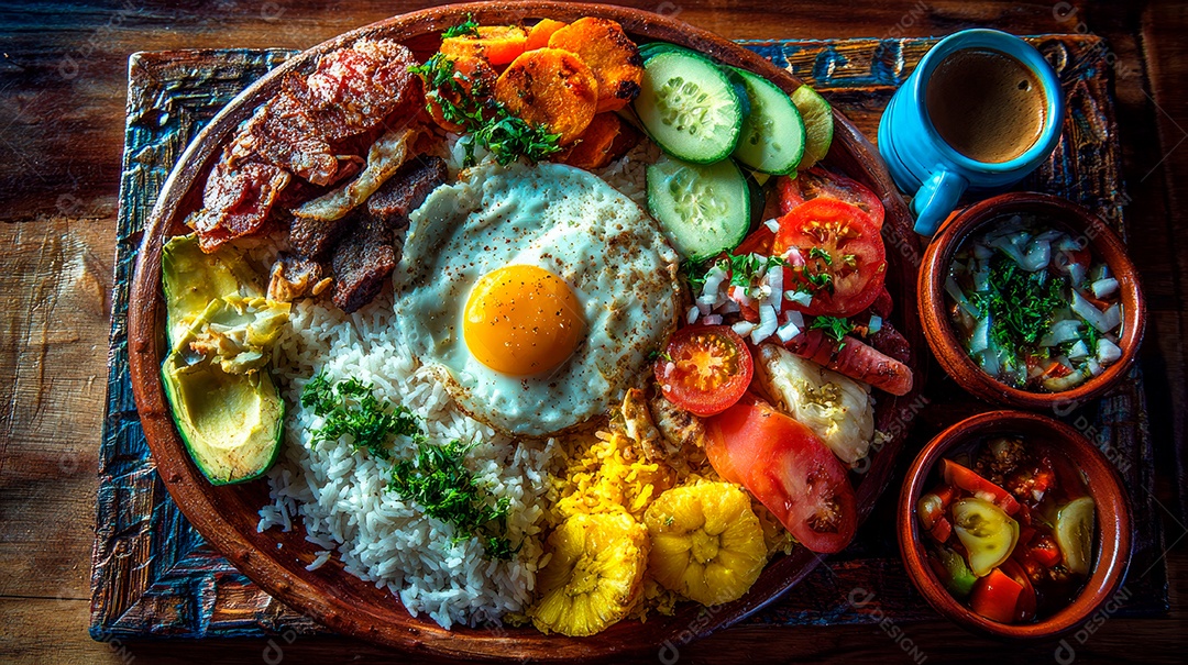 A imagem mostra uma Bandeja Paisa, um prato tradicional e emblemático da culinária colombiana.