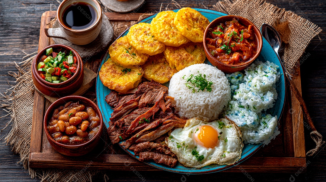 A imagem mostra uma Bandeja Paisa, um prato tradicional e emblemático da culinária colombiana.