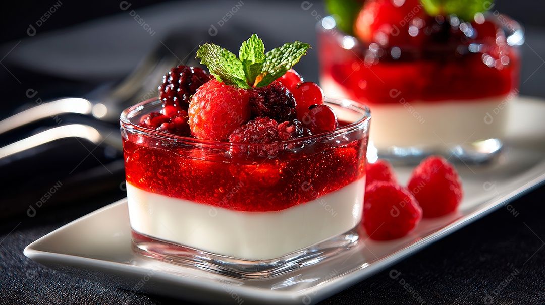 A imagem mostra porções individuais de Panna Cotta, uma sobremesa italiana clássica.