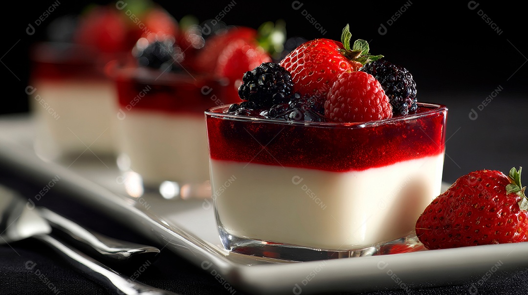 A imagem mostra porções individuais de Panna Cotta, uma sobremesa italiana clássica.