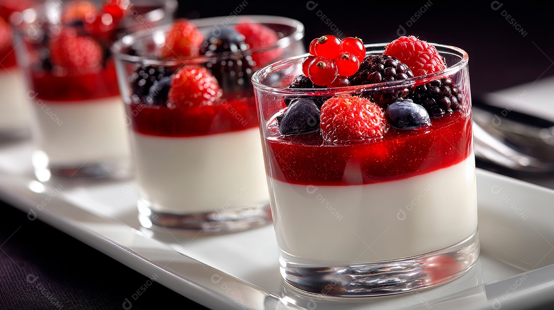A imagem mostra porções individuais de Panna Cotta, uma sobremesa italiana clássica.