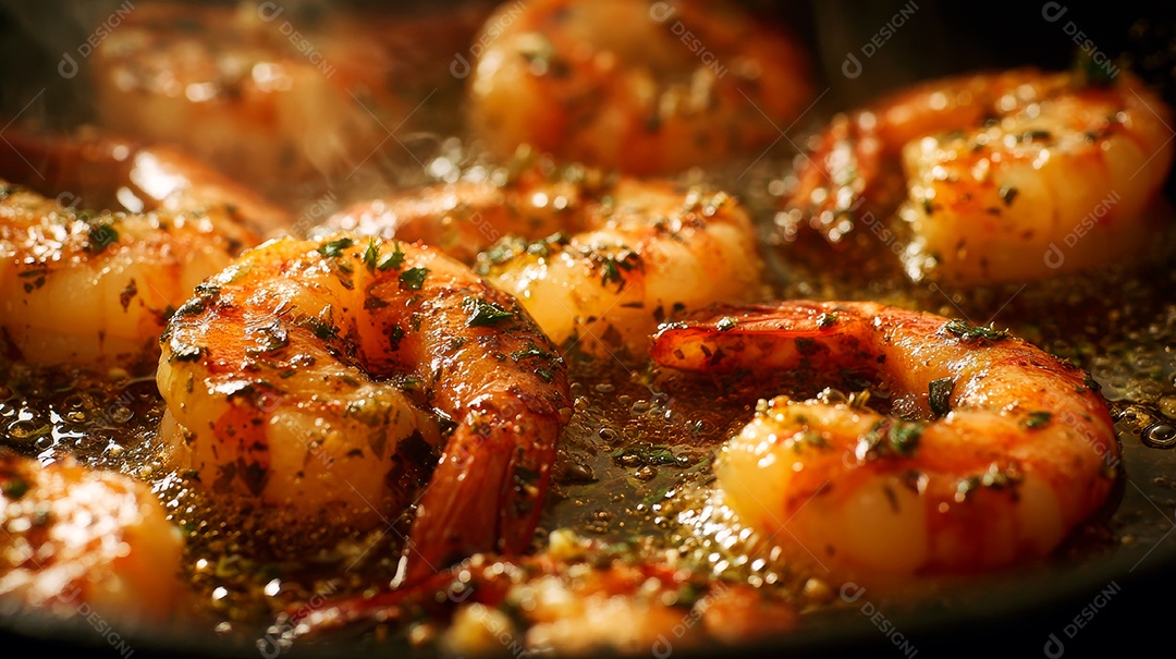 A imagem mostra camarões grelhados ou fritos, um prato popular em diversas culinárias ao redor do mundo..