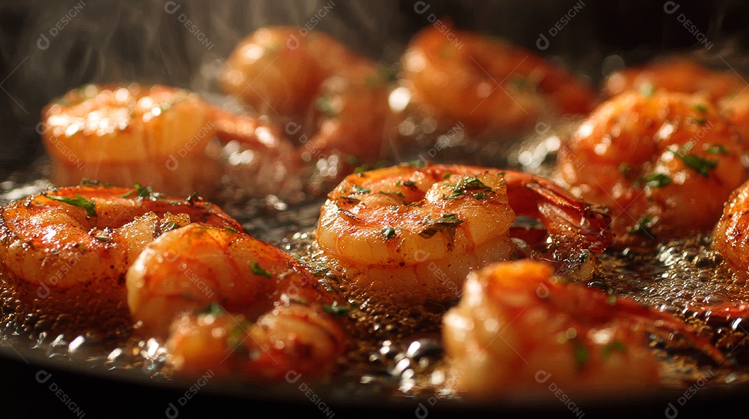 A imagem mostra camarões grelhados ou fritos, um prato popular em diversas culinárias ao redor do mundo..