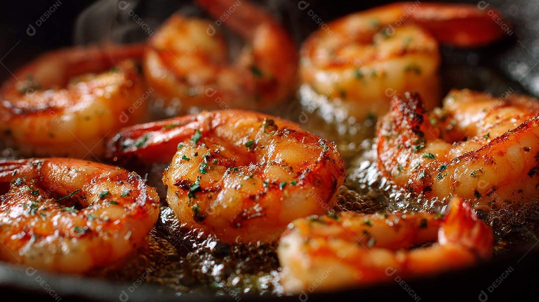 A imagem mostra camarões grelhados ou fritos, um prato popular em diversas culinárias ao redor do mundo..