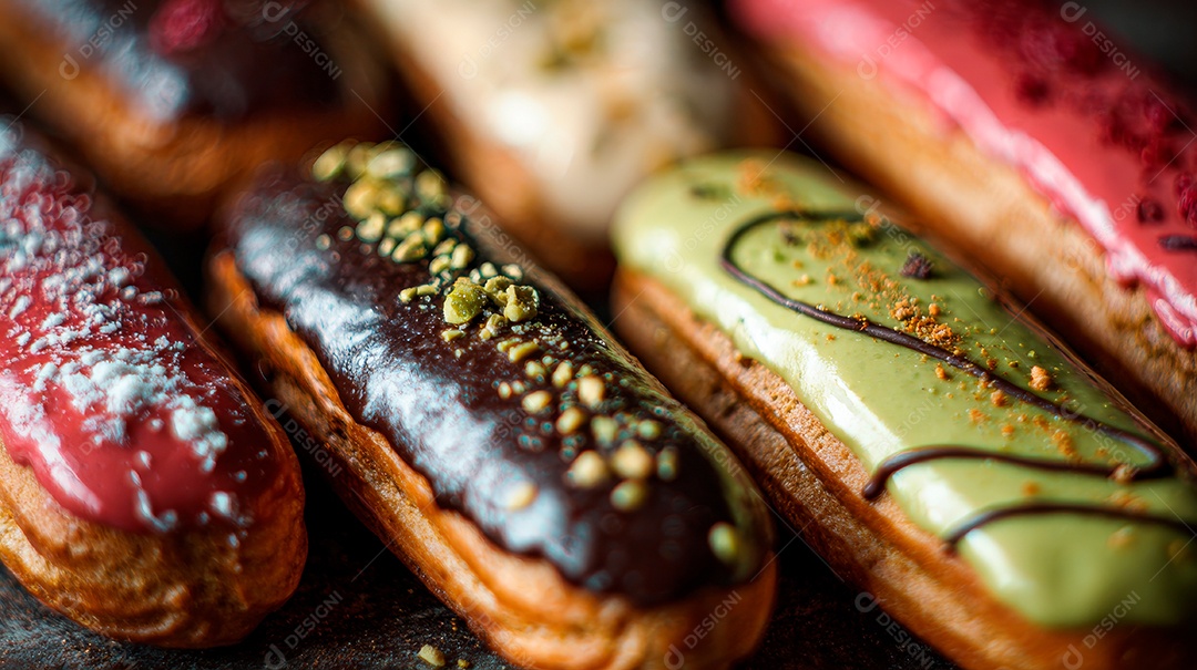 Éclairs ou bombas de chocolate com uma cobertura azul vibrante e confeitos coloridos.