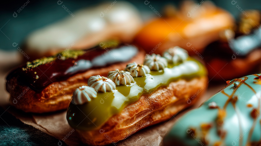 Éclairs ou bombas de chocolate com uma cobertura azul vibrante e confeitos coloridos.