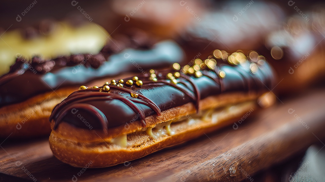 Éclairs ou bombas de chocolate com uma cobertura azul vibrante e confeitos coloridos.