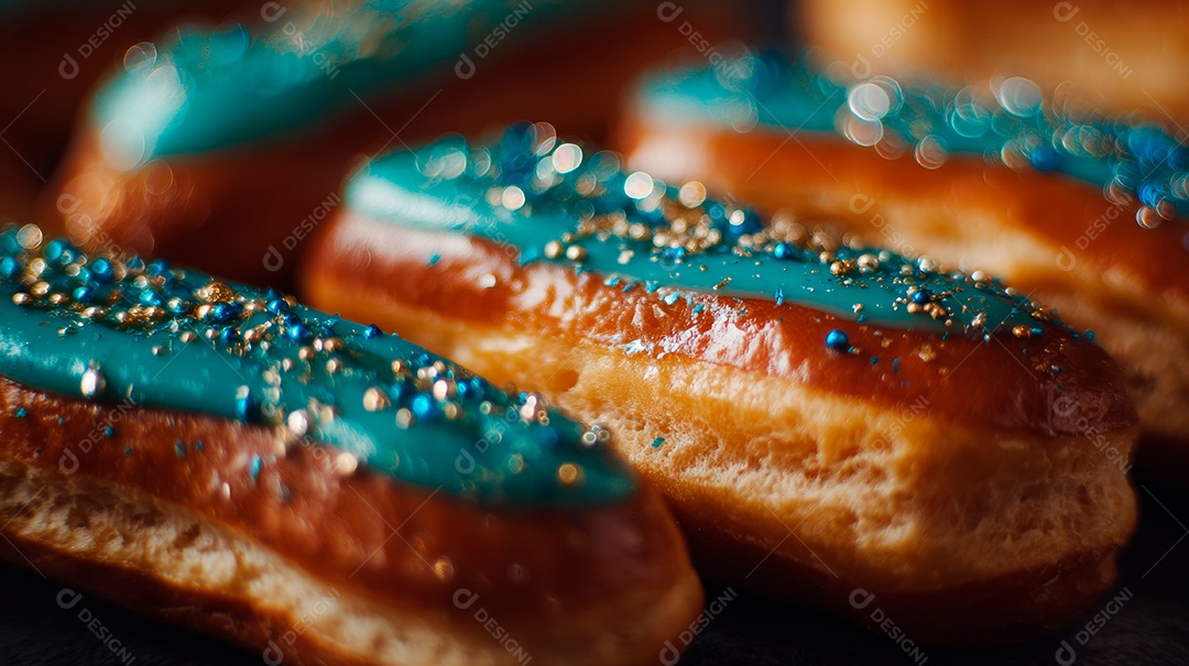 Éclairs ou bombas de chocolate com uma cobertura azul vibrante e confeitos coloridos.