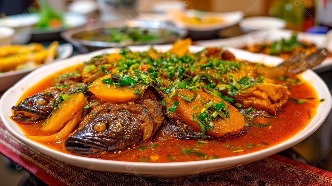 A imagem mostra um prato chinês conhecido como Gan Guo Yu.