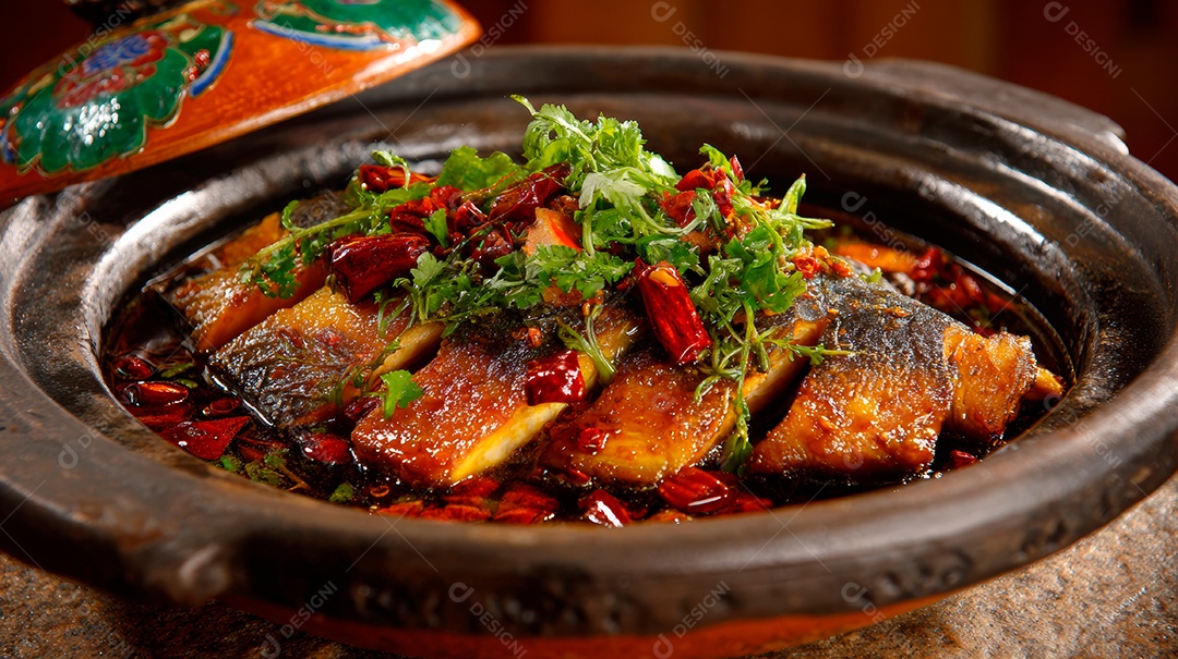 A imagem mostra um prato chinês conhecido como Gan Guo Yu.