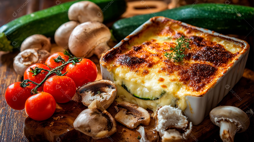 A imagem mostra uma porção de lasanha, um prato clássico da culinária italiana. A lasanha.