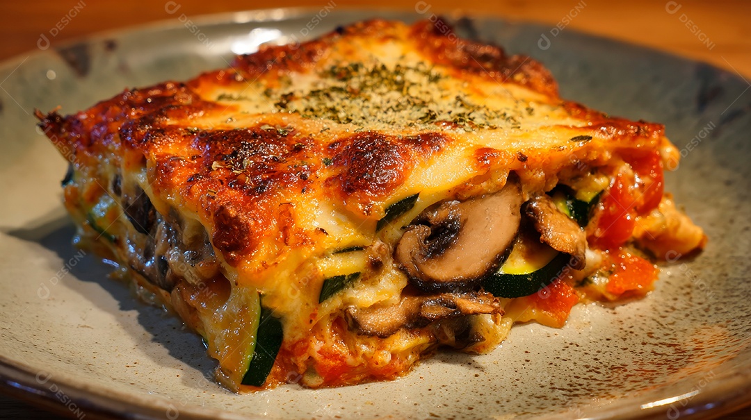 A imagem mostra uma porção de lasanha, um prato clássico da culinária italiana. A lasanha.