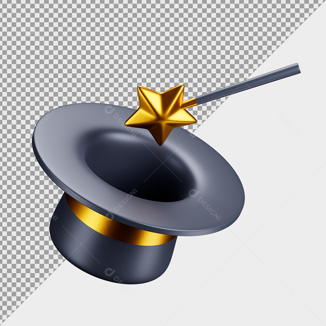 Chapéu Mágico Cartola 3D Preto e Dourado Elemento para Composição PSD