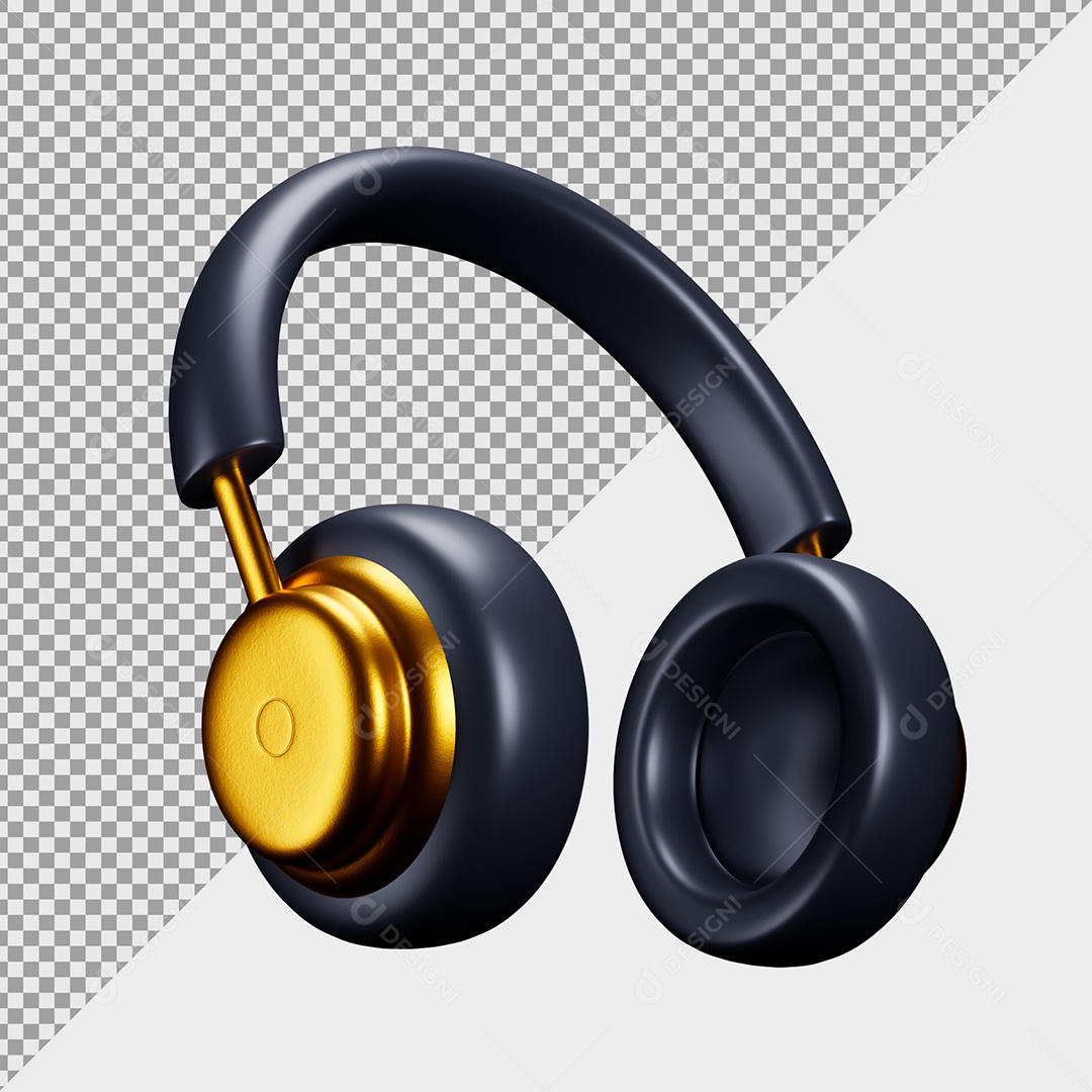 Fone de Ouvido Headset 3D Preto e Dourado Elemento para Composição PSD