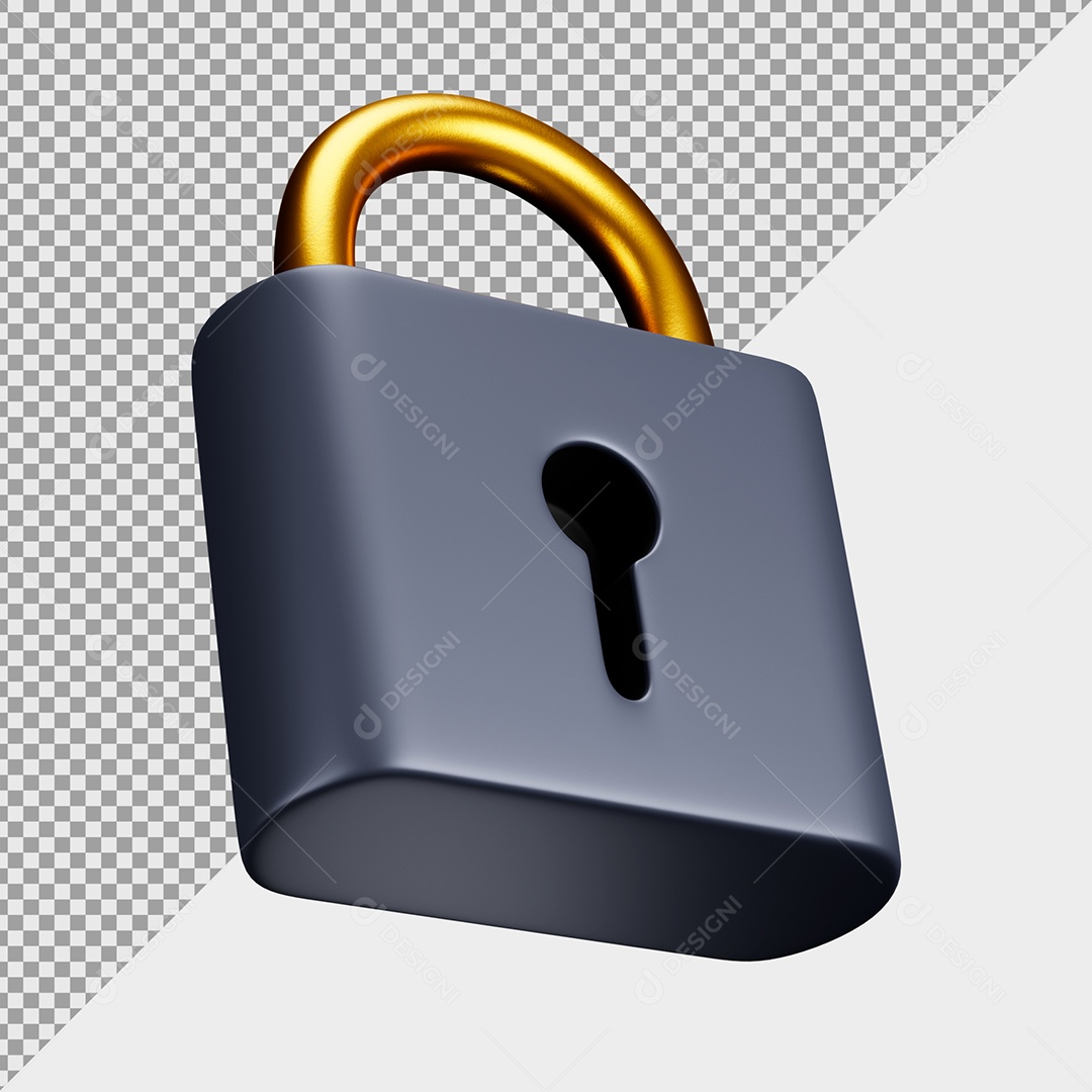 Cadeado 3D Preto e Dourado Elemento para Composição PSD