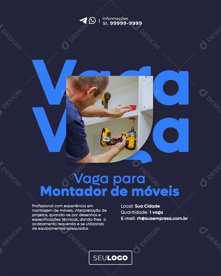Vaga para Montador de  Móveis Social Media PSD Editável