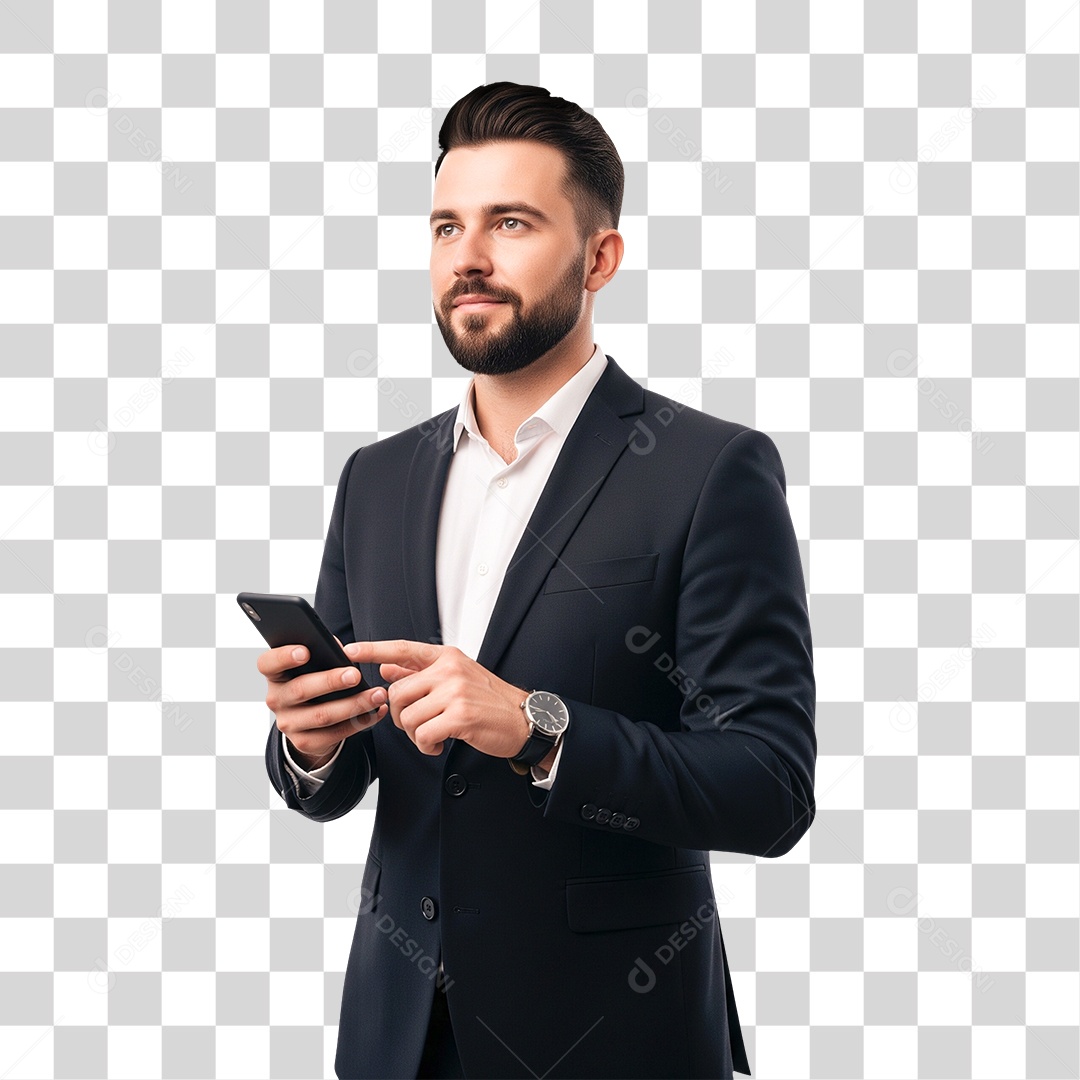 Homem Elegante Usando Celular PNG Transparente