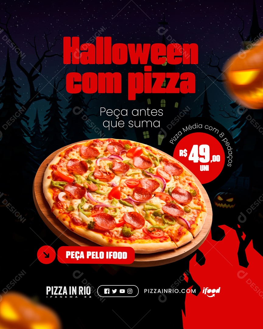Pizzaria Halloween com Pizza Peça Antes Que Suma Social Media PSD Editável