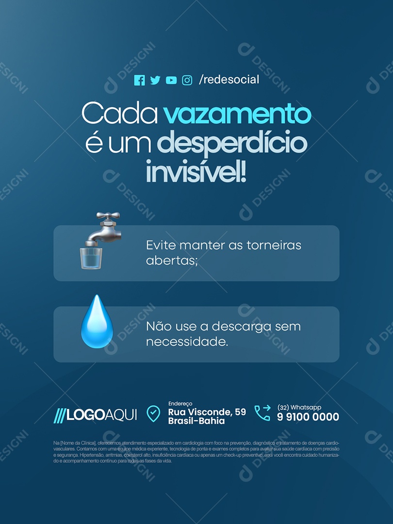 Conscientização Sobre a Água Cada Vazamento é Um Desperdício Invisível Social Media PSD Editável