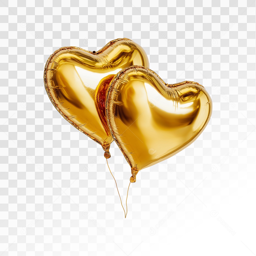 Balões de Corações Dourados Elemento 3D Para Composição PSD