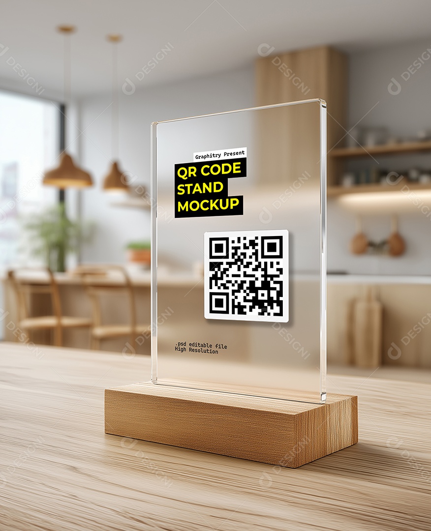 Mockup Realista de Stand de Mesa QR Code Acrílico em Mesa de Recepção PSD Editável