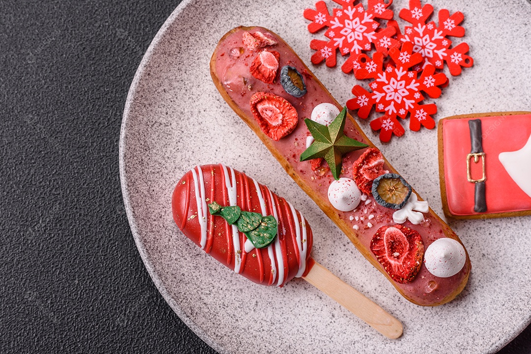 A imagem mostra éclairs (também conhecidas como bombas no Brasil) com decoração natalina