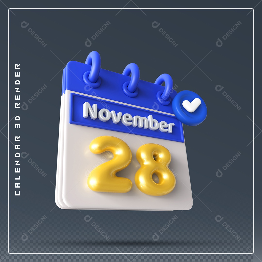 Calendário Do mês Novembro Dia 28 Elemento 3D Azul Dourado e Branco Para Composição PSD