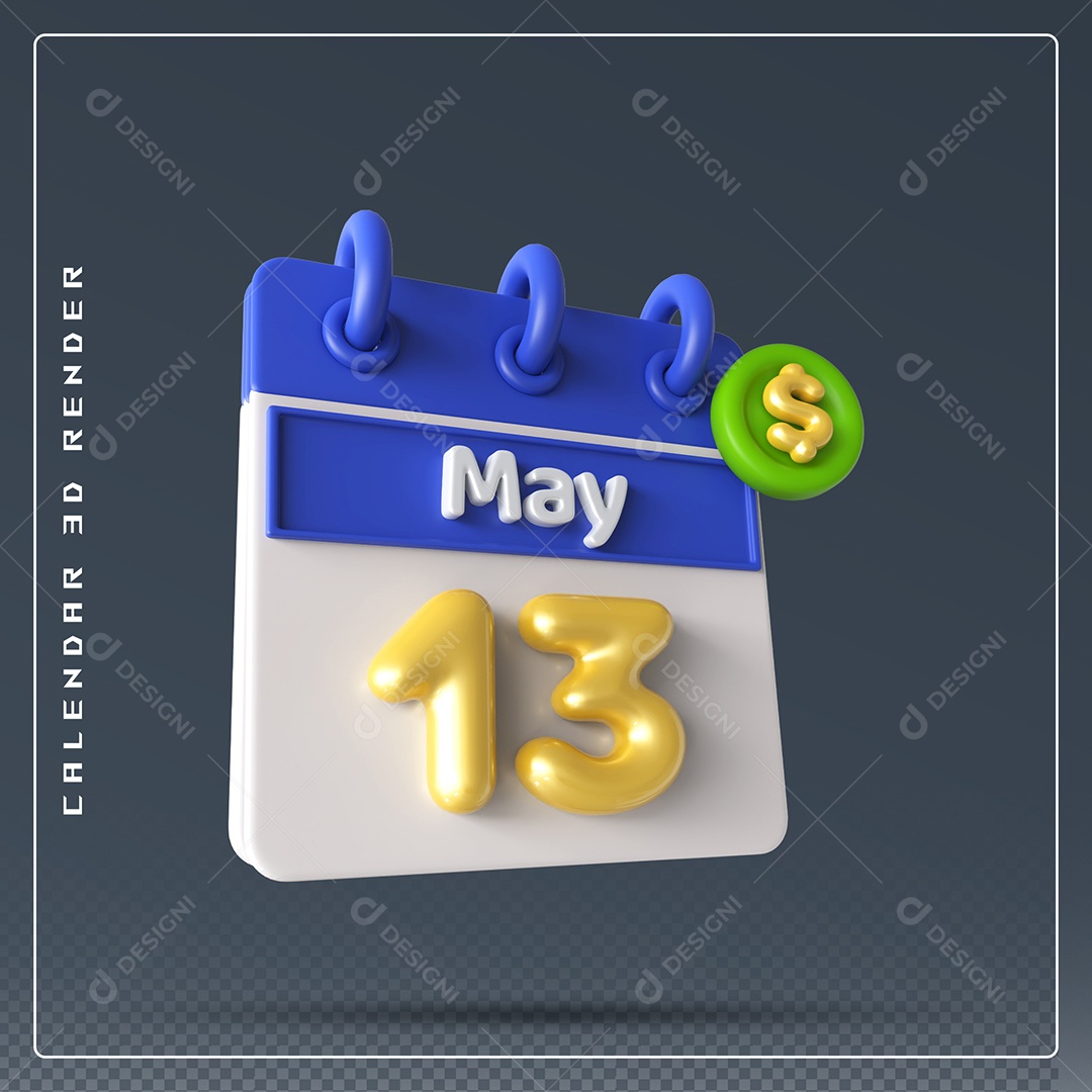Calendário Do mês Maio Dia 13 Elemento 3D Azul Dourado e Branco Para Composição PSD