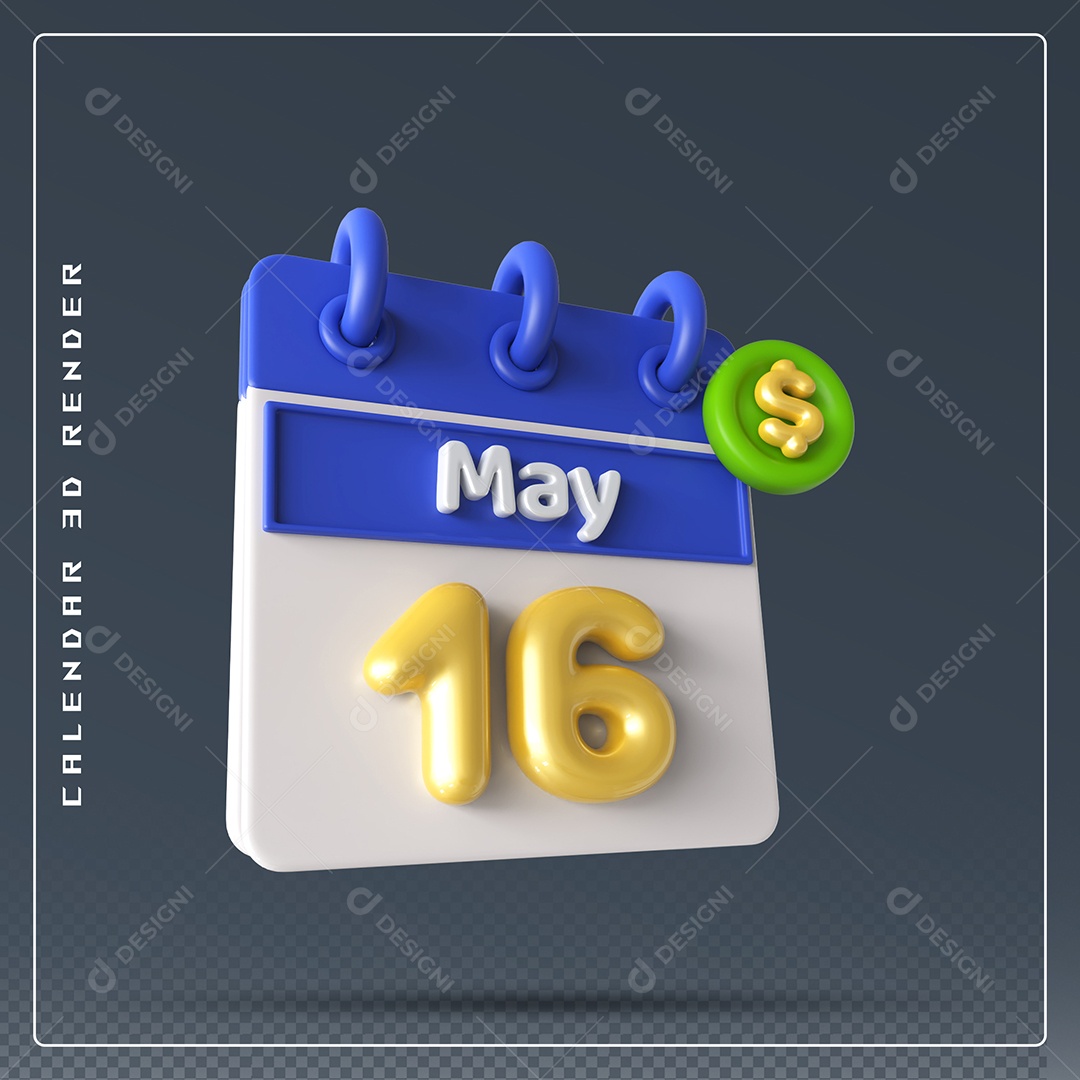 Calendário Do mês Maio Dia 16 Elemento 3D Azul Dourado e Branco Para Composição PSD