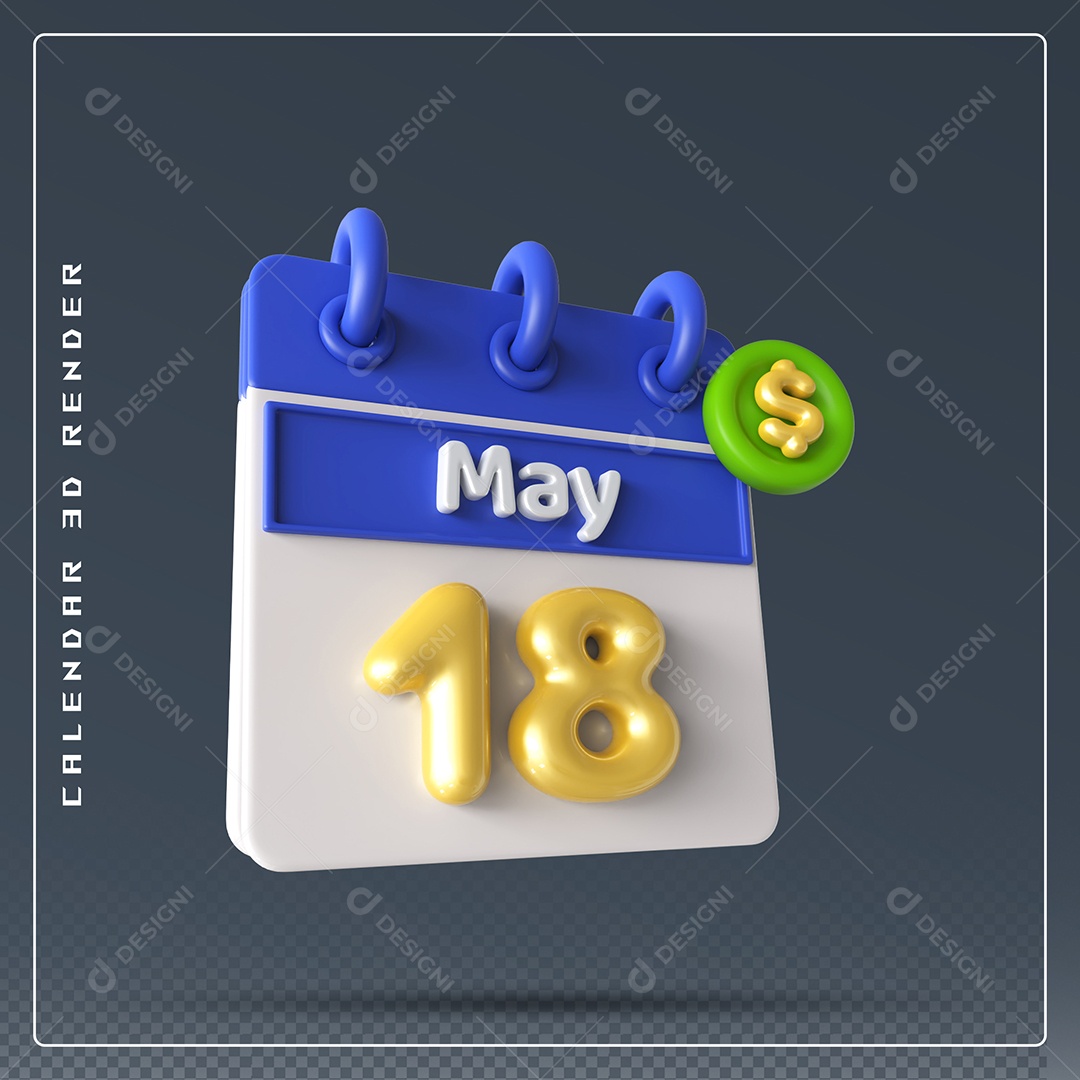 Calendário Do mês Maio Dia 18 Elemento 3D Azul Dourado e Branco Para Composição PSD