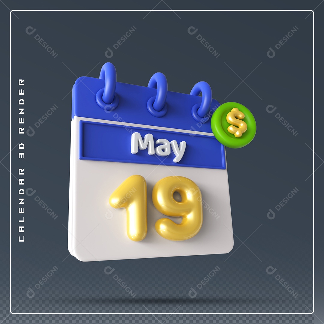 Calendário Do mês Maio Dia 19 Elemento 3D Azul Dourado e Branco Para Composição PSD