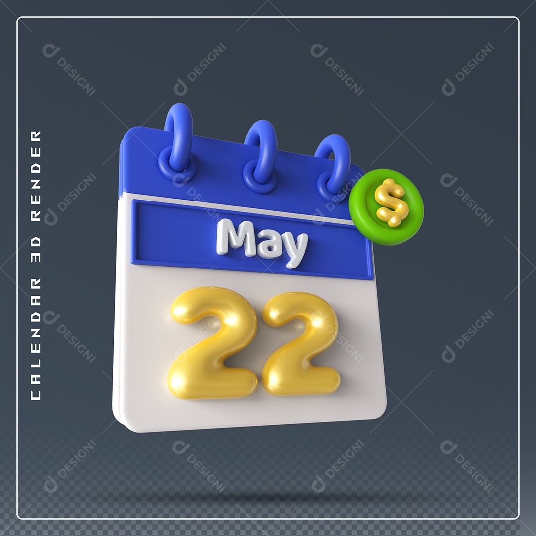 Calendário Do mês Maio Dia 22 Elemento 3D Azul Dourado e Branco Para Composição PSD
